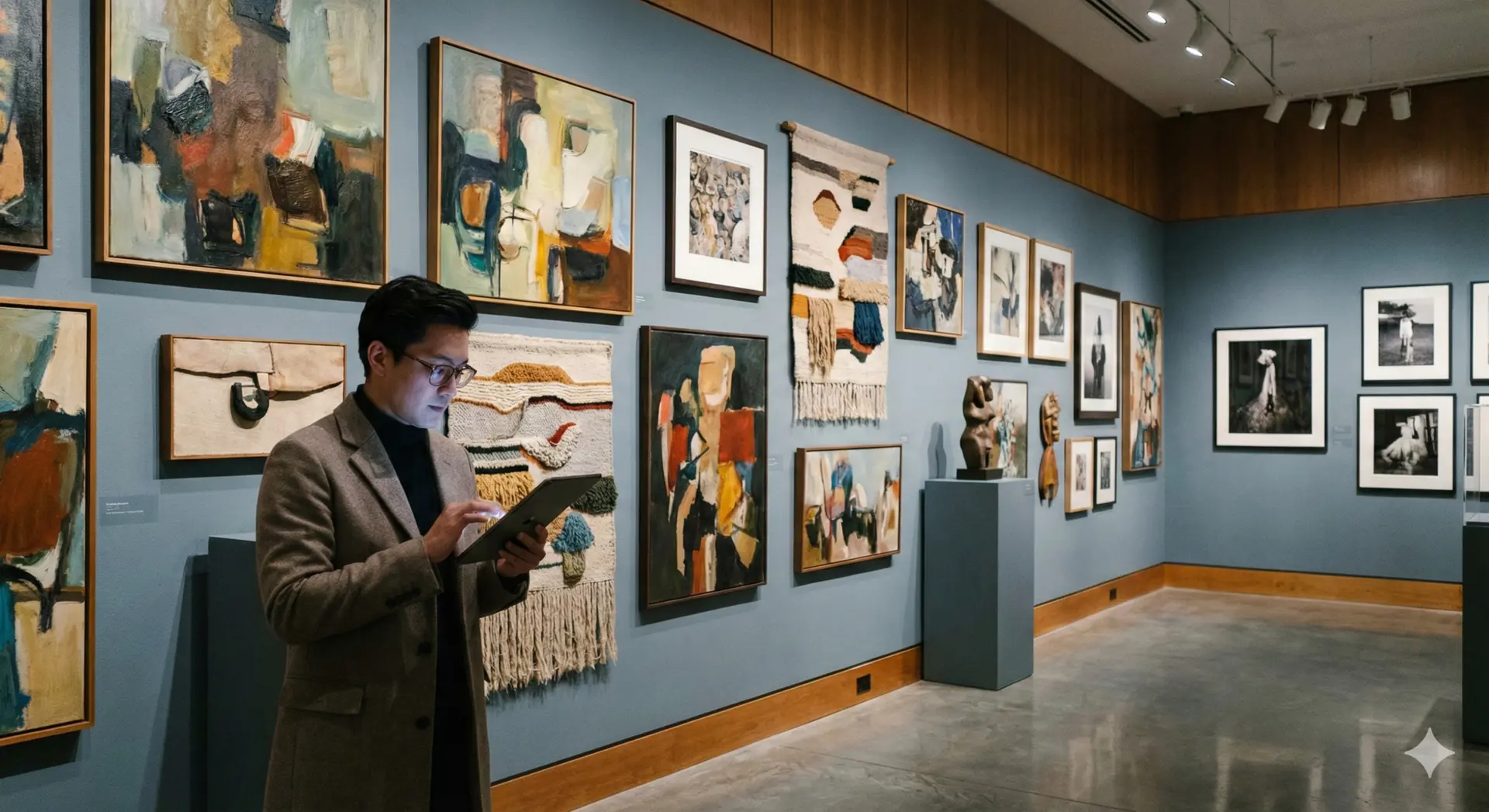 Coleccionista explorando un catálogo de obras en una galería curada.